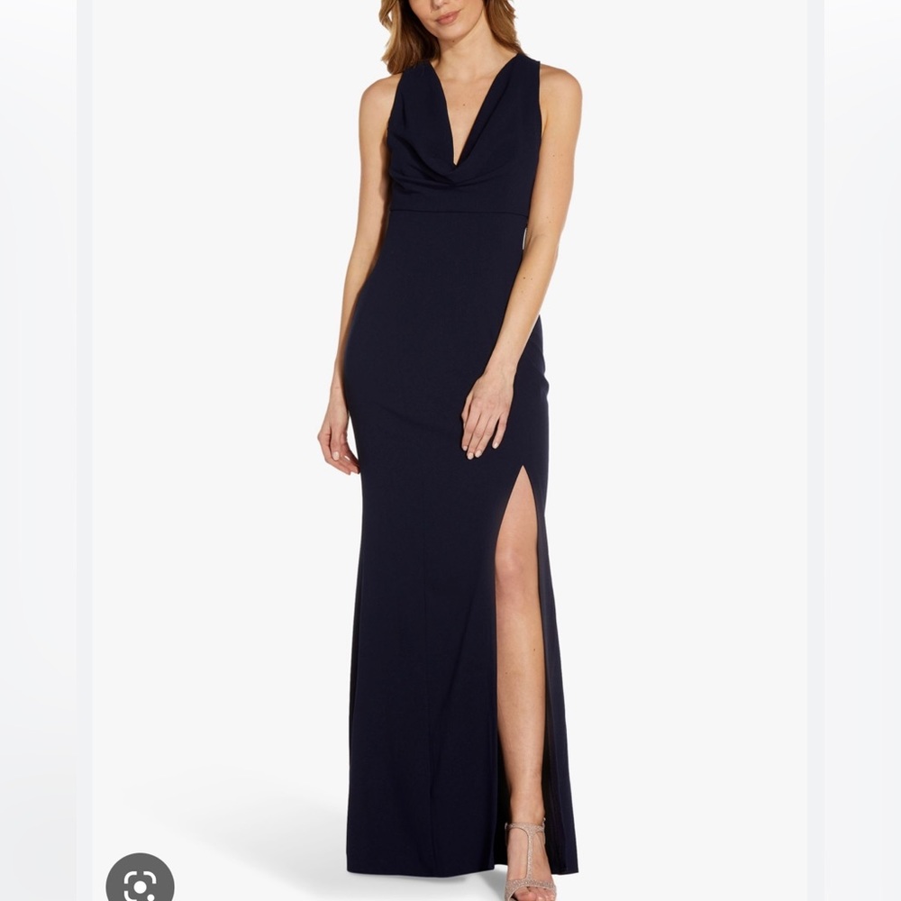 Adrianna Papell sleeveless cowl neck high slit gown navy blue